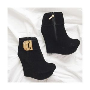 Black chunky wedge booties