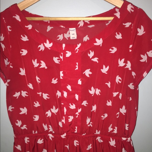 Red, bird printed knee length dress
