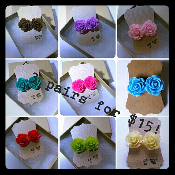 3 PAIRS $15! Handmade Rose Stud Earrings