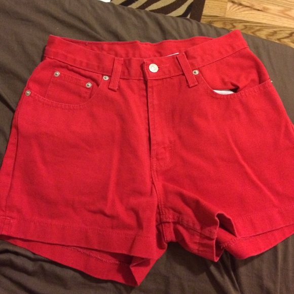Red denim high waisted shorts