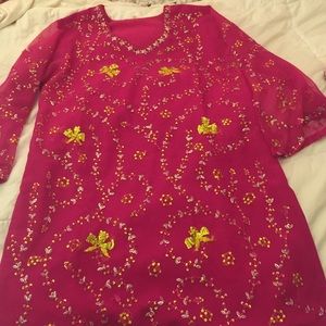 Fuchsia pink quarter sleeve beaded Indian dress