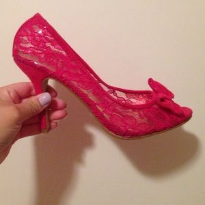 Pink lace suede bow heels
