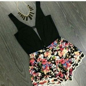 Plunge Black and Flower print Romper