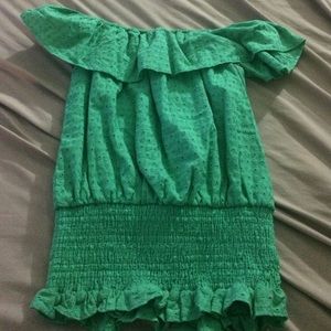 Off the shoulder mint green top.