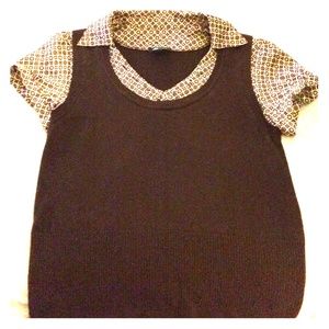 Chocolate brown sweater with sewn in shirt.