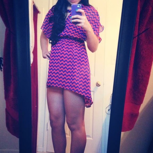 Red and blue chevron hi-low dress