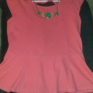 Coral Peplum Shirt with Attached Accessory