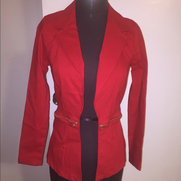 Red blazer with gold zipper accents