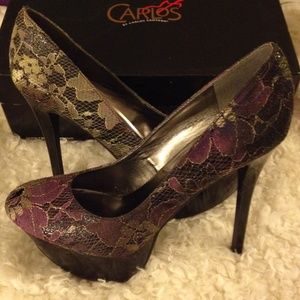 Carlos Santana Black Glitter Lace Heels Size 8.5
