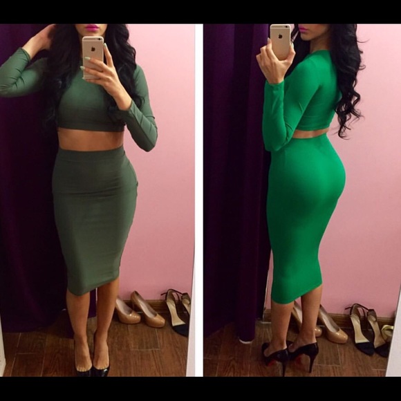 Green skirt and crop top.
