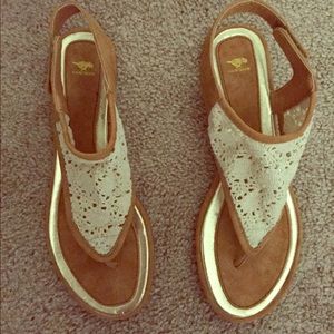Tan and white crochet sandals
