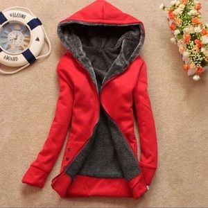 Red winter jacket.