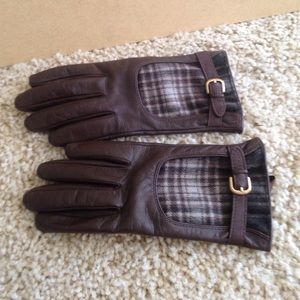 Brown Plaid Leather and Wool Gloves size S/M