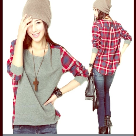 UNIF Tops - NWT Flannel Print & Gray Hi Low Loose Fit Top Sz M