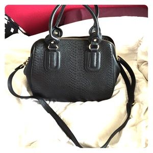 Black snake skin hand bag with gold accents