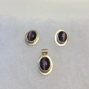Silver and purple pendant and earrings w stone