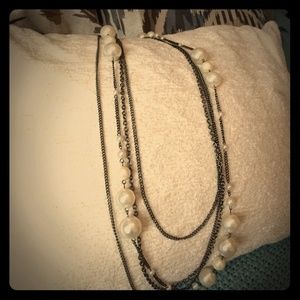 Multi layer chrome and pearl necklace