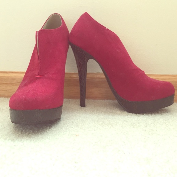 Red suede high heel booties