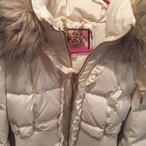 Cream, fur trimmed parka