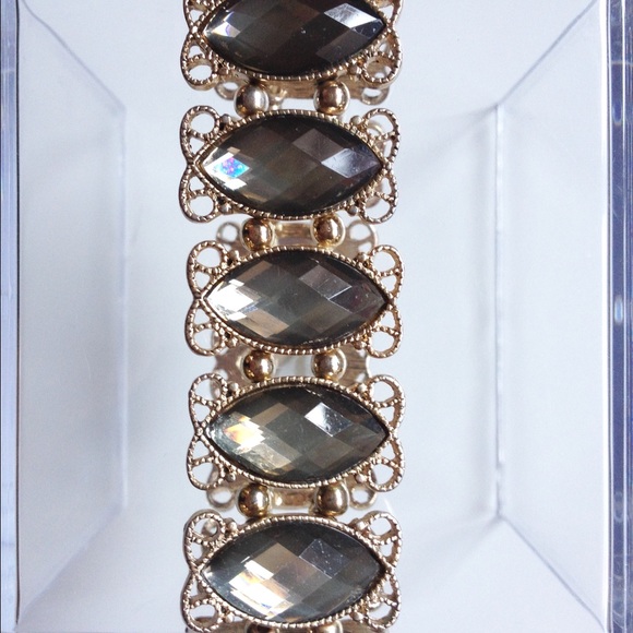 Gold Detail and Grey Rhinestone Stretch Bracelet