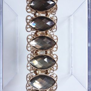 Gold Detail and Grey Rhinestone Stretch Bracelet