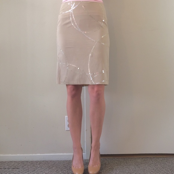 Calvin Klein Nude Silk Pencil Skirt W/Sequins