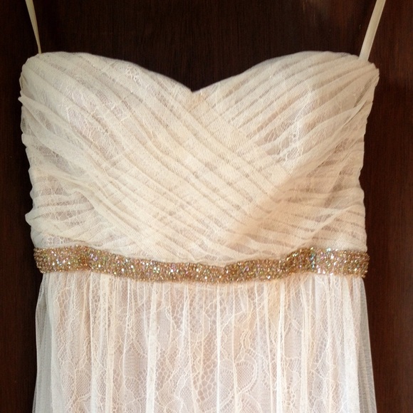 Floor Length Beige/Ivory Lace and Mesh Gown