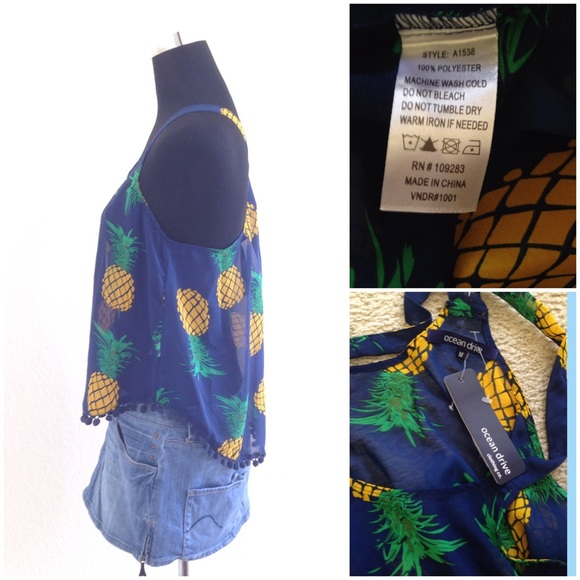 Ocean Drive Pineapple Blue Racerback Pompoms NWT - Picture 2 of 4