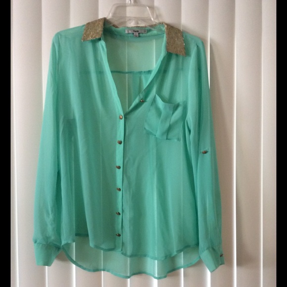 Mint Papaya Chiffon Button-Up Top