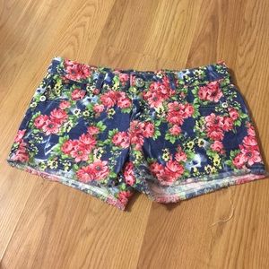 Floral print denim shorts, low rise