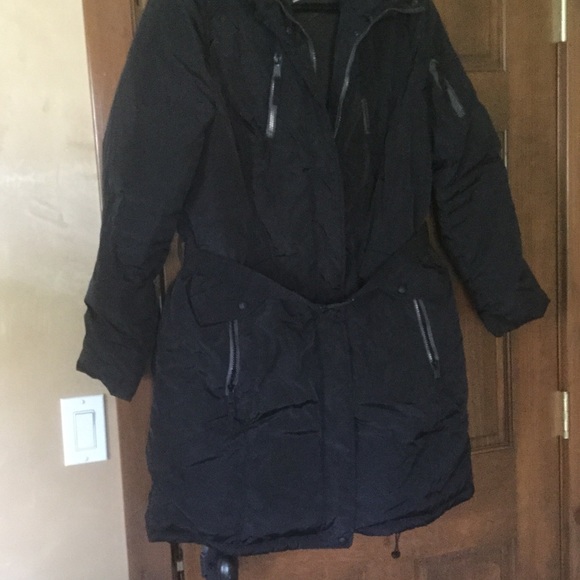 Andrew Marc Outerwear - Long black Winter coat with belted waist.