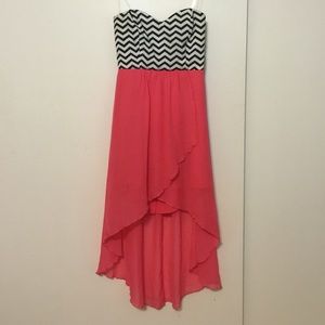 Chevron print/ coral strapless waterfall dress