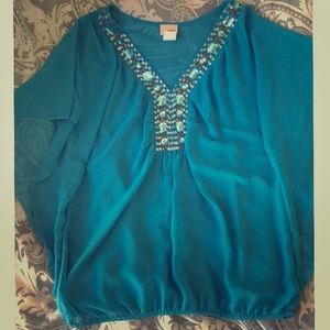 Teal-blue Buckle beaded shirt.