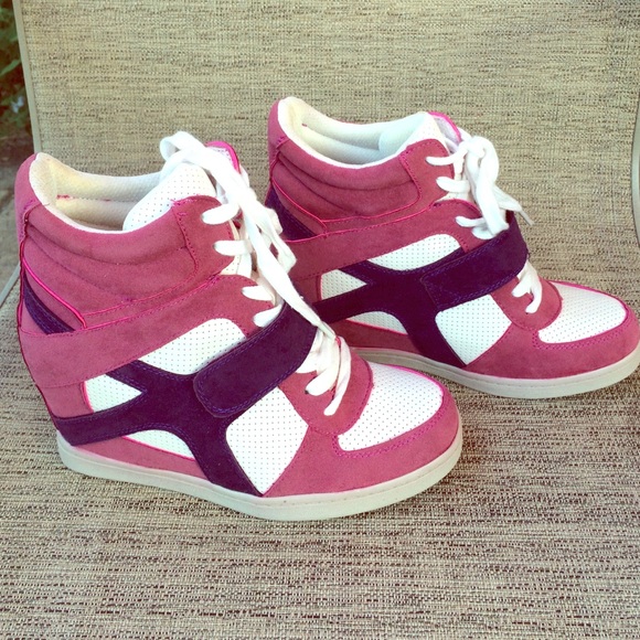 Pink white & purple sneaker wedges size 7