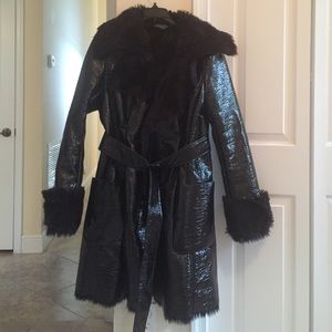 Armani Exchange faux patent leather & fur coat