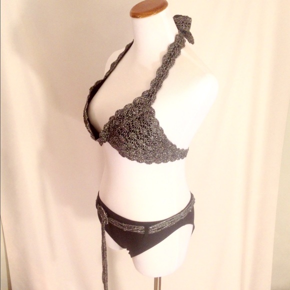 Gorgeous Silver Metallic Crochet Lining Bikini Lg - Picture 4 of 4