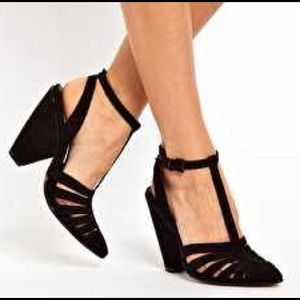 ASOS t-strap black suede heels block heel