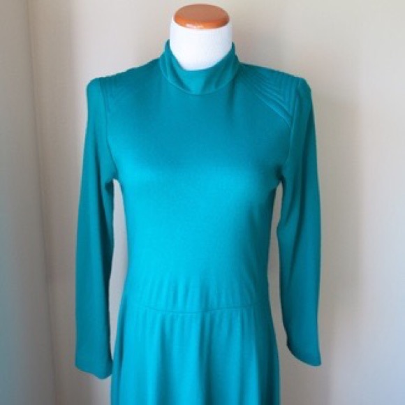 Vintage Green Teal 3/4 Sleeve Warm Midi Dress - Picture 3 of 4