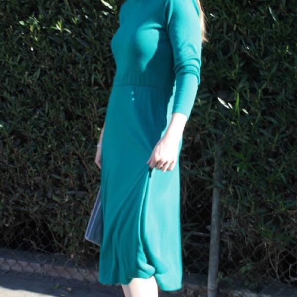 Vintage Green Teal 3/4 Sleeve Warm Midi Dress - Picture 2 of 4