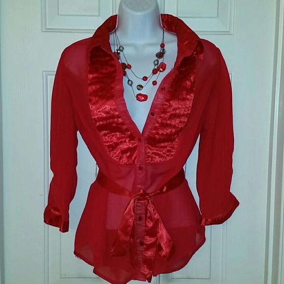 Beautiful Red Button - Up  Blouse With Belt