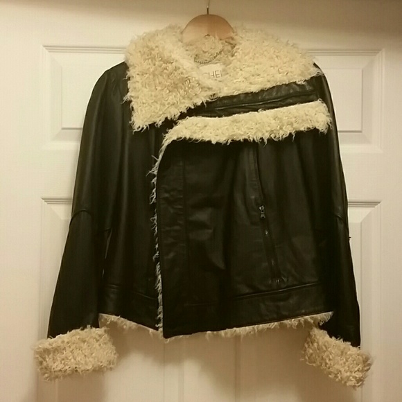 Genuine leather jacket with faux fur trim