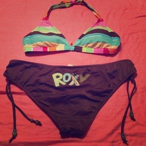 Roxy bikini, multi-color stripe top, brown bottoms