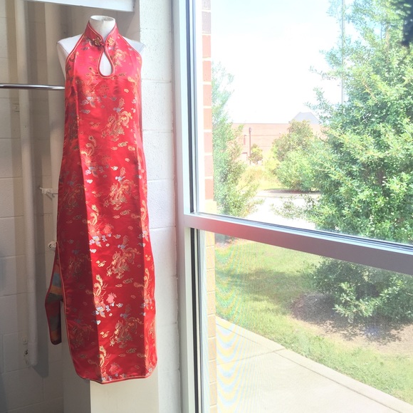 Grandmas Laogudai red silk Asian long dress