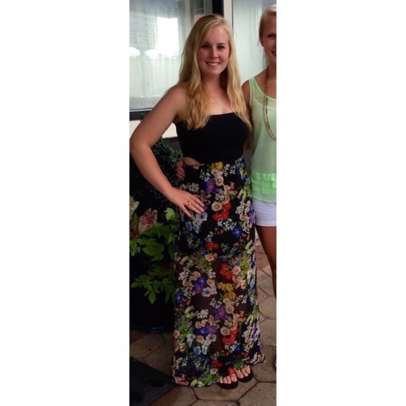 Floral print maxi dress w/ cut out side & mid back - Picture 1 of 4