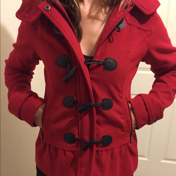 Hydraulic Jackets & Blazers - Red suede hooded jacket with black toggles