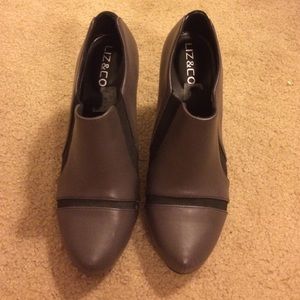 Gray booties with stacked heel