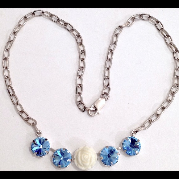 Hand Carved Rose Aquamarine Gems Silver Necklace
