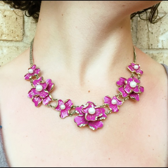 Pink enameled flower statement necklace w/ pearls