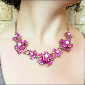 Pink enameled flower statement necklace w/ pearls