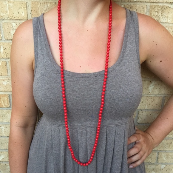 Extra long Knotted red beaded necklace